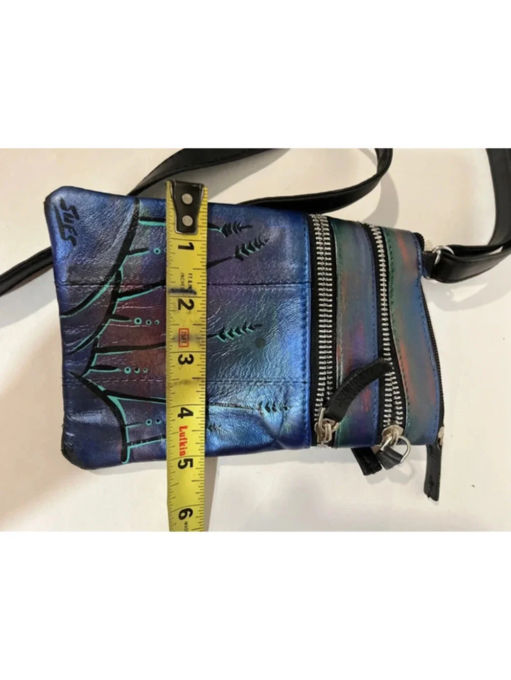 Vintage Sues Handpainted Crossbody Bag Purse Signed Metallic Blue 7”